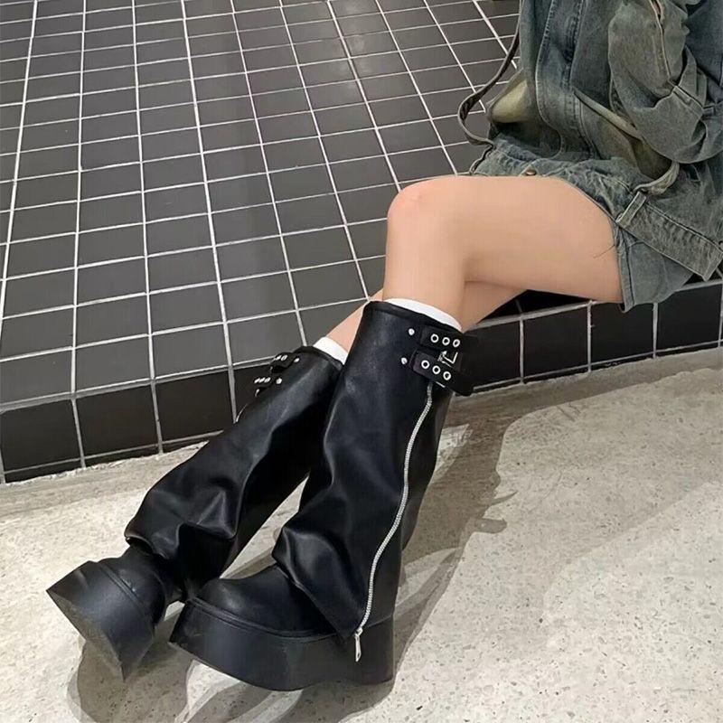 Soft Leather Ankle Mid Calf Boots Winter Autumn High Platform Wedge British Booties Woman New Ladies Chunky Motorcycle Boots