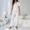 European & American Style Women's Pajama Set: Sexy V-Neck Lace Cherry Print T-Shirt with Slim-Fit Long Pants - Autumn/Winter Collection