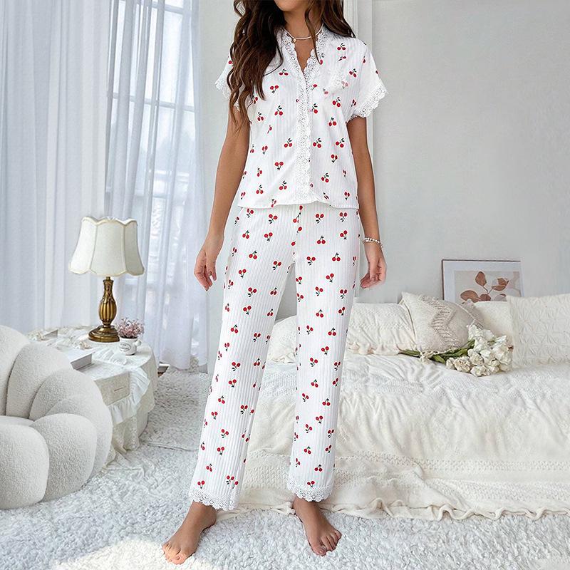 European & American Style Women's Pajama Set: Sexy V-Neck Lace Cherry Print T-Shirt with Slim-Fit Long Pants - Autumn/Winter Collection