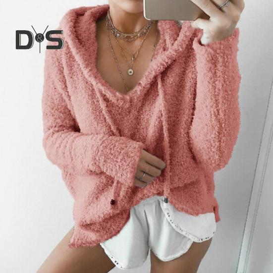 Auutmn Winter Women Hoodie Drawstring Hooded Thick Fuzzy Long Sleeves Solid Color Loose Heat Retention Pullover Casual Wear Sport Top