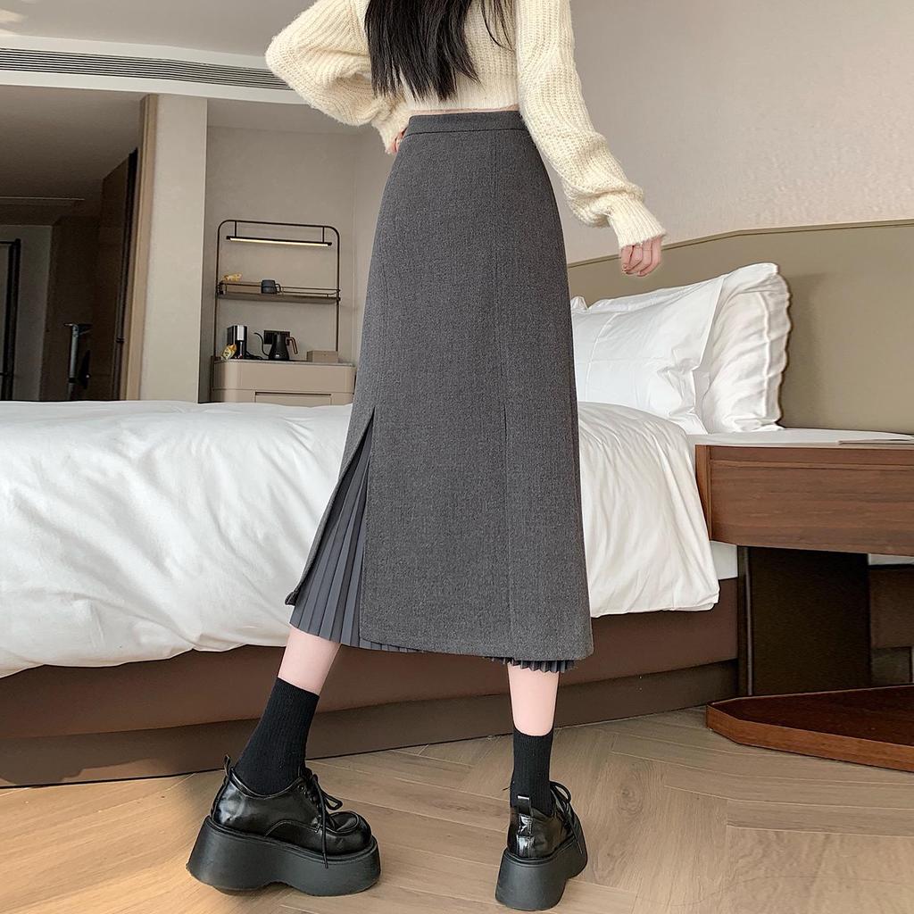 Women's Gray Wool Plaid Pleated A-Line Skirt - High Waist, Mid-Length, Slimming, with Slit for Autumn/Winter