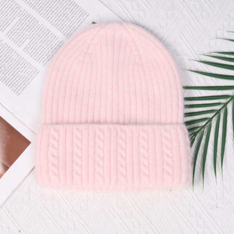 Angola rabbit fur warm solid color light board autumn and winter versatile candy color vertical stripe knitted hat women
