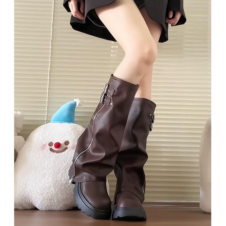 Leather big-headed pant boots stacking boots women's 2025 thick-soled heightening western boots but knee boots tall knight boots