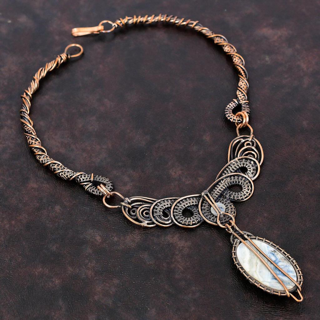 Blue Scheelite Necklace Copper Wire Wrapped Gemstone Necklace Handmade Wire Wrap Jewelry Rainbow Moonstone Necklace Copper Jewelry For Gift