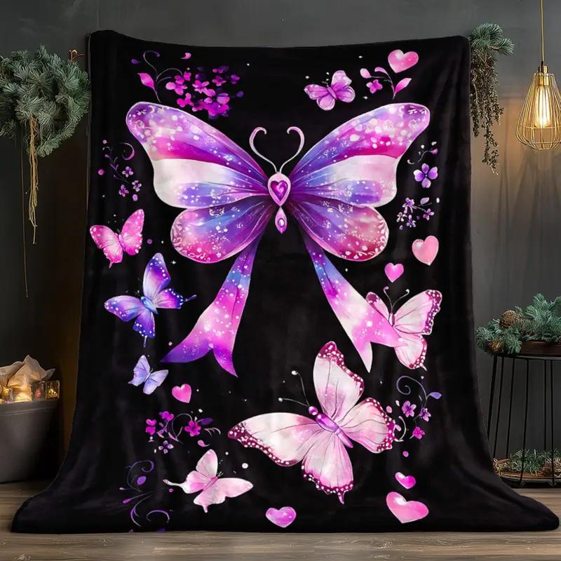 Purple Butterfly and Heart Pattern Flannel Blanket Suitable for Bed, Office, Home, Camping, Cozy Warmth, Sofa, Christmas