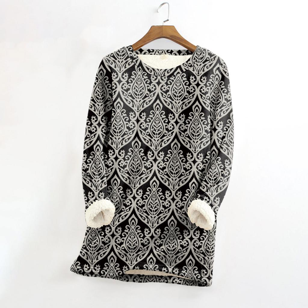 Dámský top s kulatým výstřihem s potiskem, zahuštěný plyšový kašmírový hřejivý dlouhý top