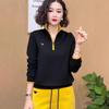 Spring Fashion Half-Zip Embroidered Slimming Color Block Long Sleeve Top for Moms