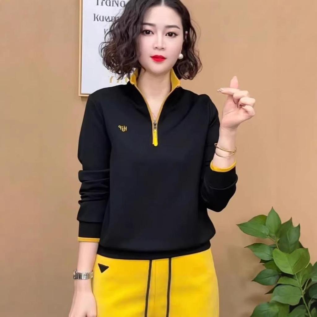 Spring Fashion Half-Zip Embroidered Slimming Color Block Long Sleeve Top for Moms