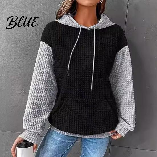 Drawstring Hooded Sweatshirt Fall Winter Women Hoodie Color Matching Waffle Texture Long Sport Top Sleeveless Big