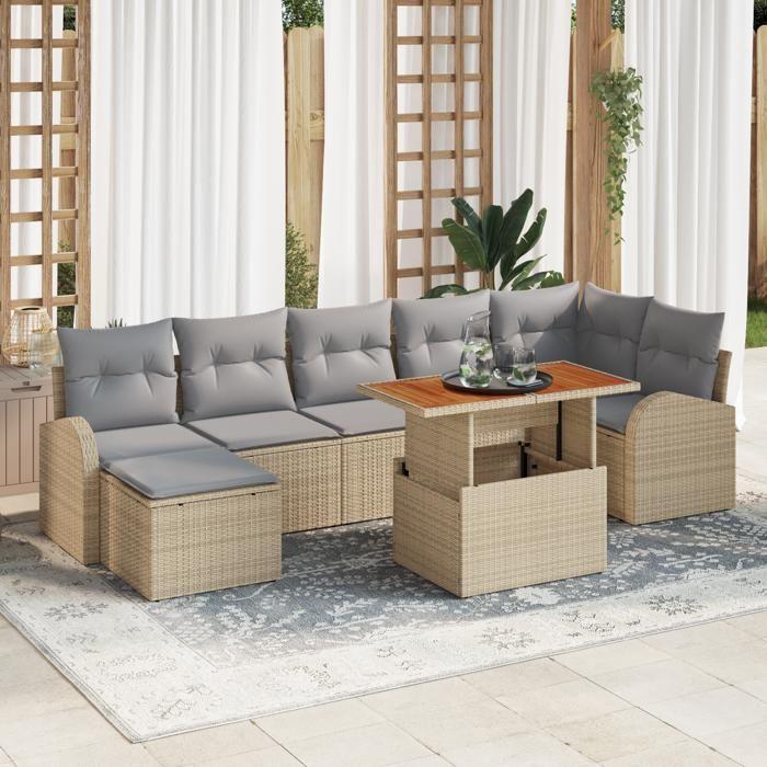 VidaXL Ensemble de salle à manger de jardin de 8 pièces avec coussins beige poly rattan acacia 3349615
