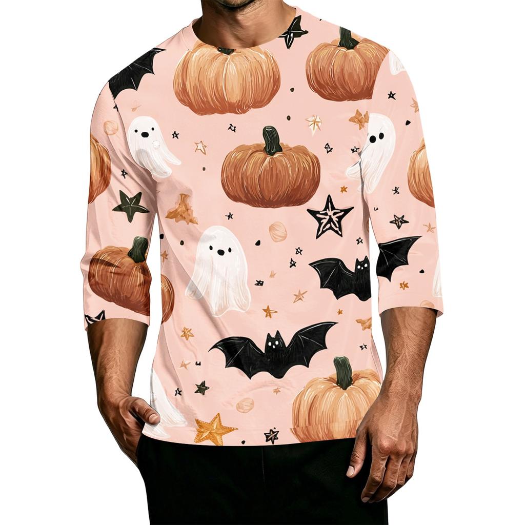 Men's Casual Halloween Print Round Neck 3/4 Sleeve T-Shirt