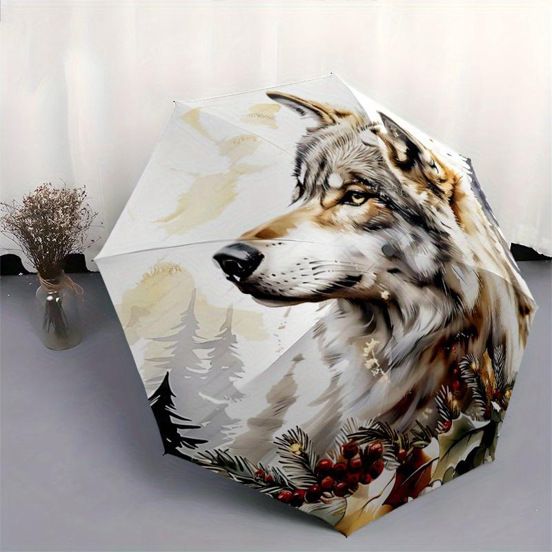 1pc Winter Wolf Pattern Automatic Umbrella, 8 Iron Frames,Suitable for Office, Travel and Outdoor Adventure.R090