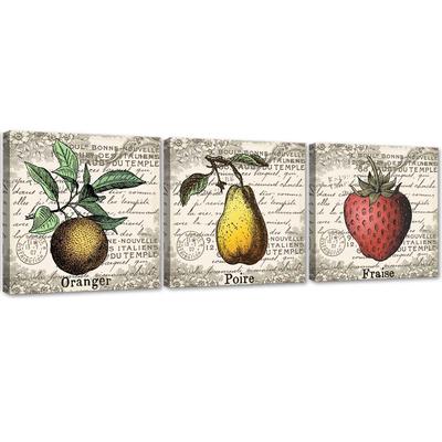 Conjunto de tres cuadros impresos en lienzo Frutas retro.