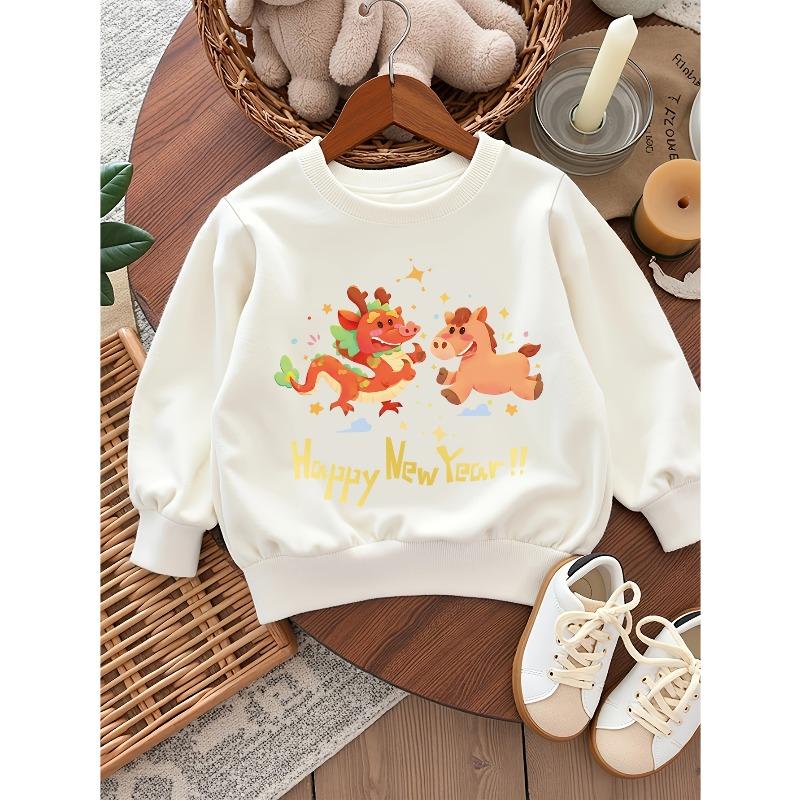 Kids Crewneck Long Sleeve Sweatshirt, Chinese Chic Dragon Horse Happy New Year Print