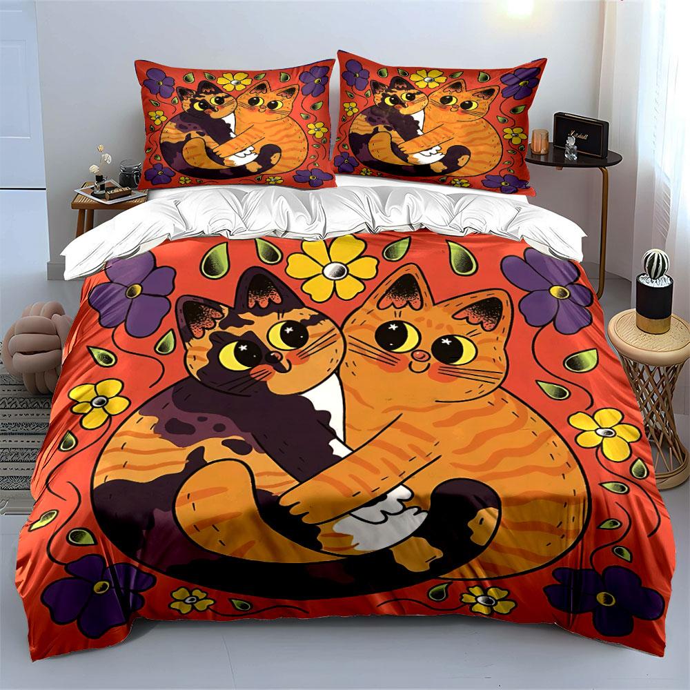 Hugging Cats with Floral Pattern Bedding Duvet Cover Set Duvet Cover Pillowcases (1*Duvet Cover 2*Pillowcases, Without Duvet Insert)