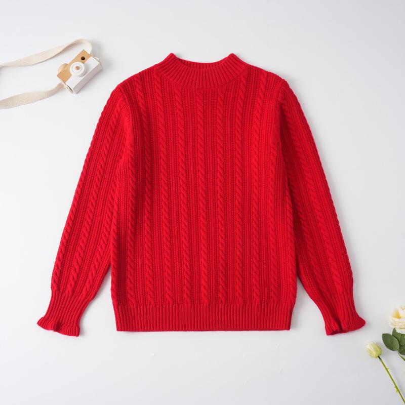Dětský svetr pletený z jádrové příze v korejském stylu s vysokým límcem - podzimní/zimní pulovr pro střední a velké děti