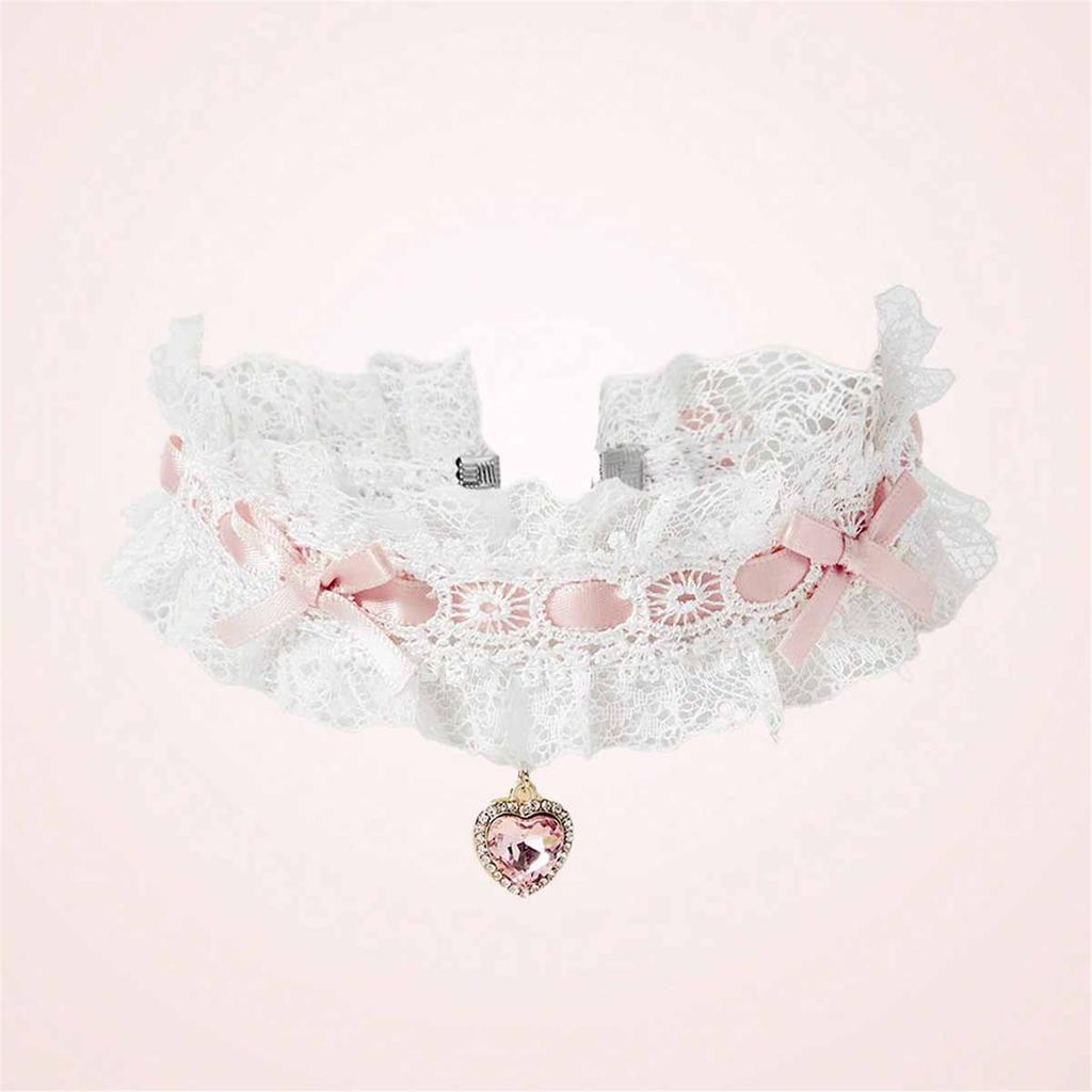 Lace Woven Bow Choker Necklace With Crystal Heart Pendant Elegant Zinc Alloy Chain For Women Daily Wear Gift Idea