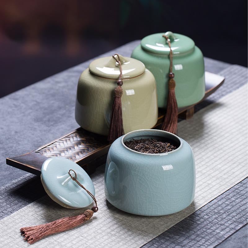 Longquan Celadon, Ice Cracked Glaze Pattern Storage Jar, Tea Jar, Ceramic Sealed Jar, Food Storage Container, Kitchen Supplies