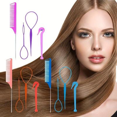 4 parçalı saç aleti seti Sivri uçlu ince dişli tarak Örgü aleti Topuz yapıcı Örgü aleti Saç lastiği sökücü