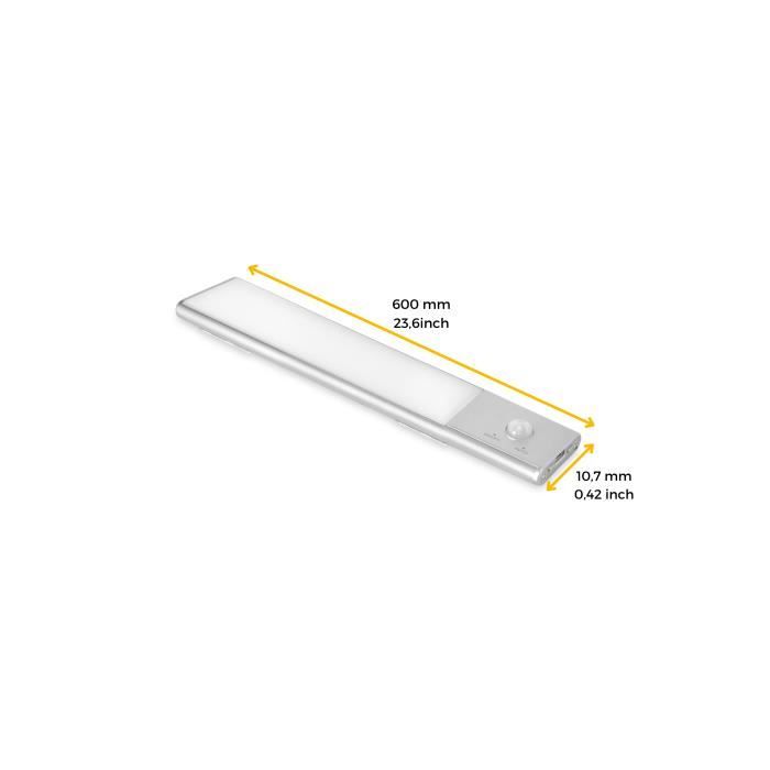 Emuca LED Kaus Luminaire Rechargeable by USB with Motion Detector, L 600 Mm, Matte Anodized, Plastic and Aluminum