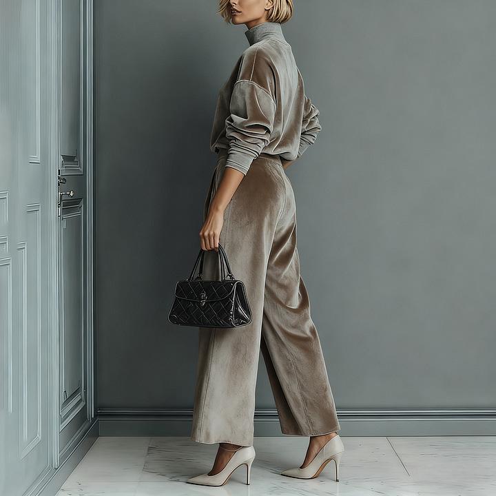 2025 Autumn/Winter Women's High-End Fashion Knit Two-Piece Set: Long Sleeve Top & Wide-Leg Pants