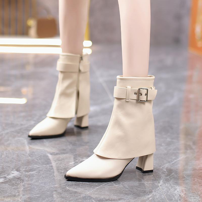 

Модные брючные ботинки женские осень и зима 2025 новые темпераментные с острым носком на толстом каблуке короткие ботинки универсальные на высоком каблуке тонкие модные ботинки 40 бежевый