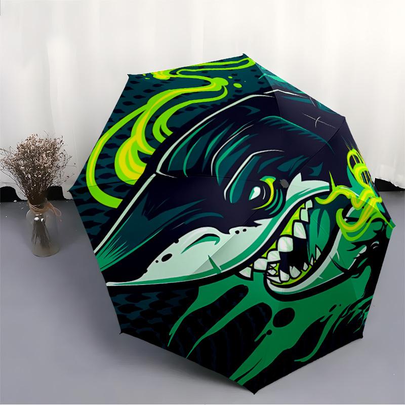 1pc Shark Waves Auto Open/Close Umbrella with Windproof, Functional Design, 8-Rib Sturdy Canopy, Durable Ribs,024
