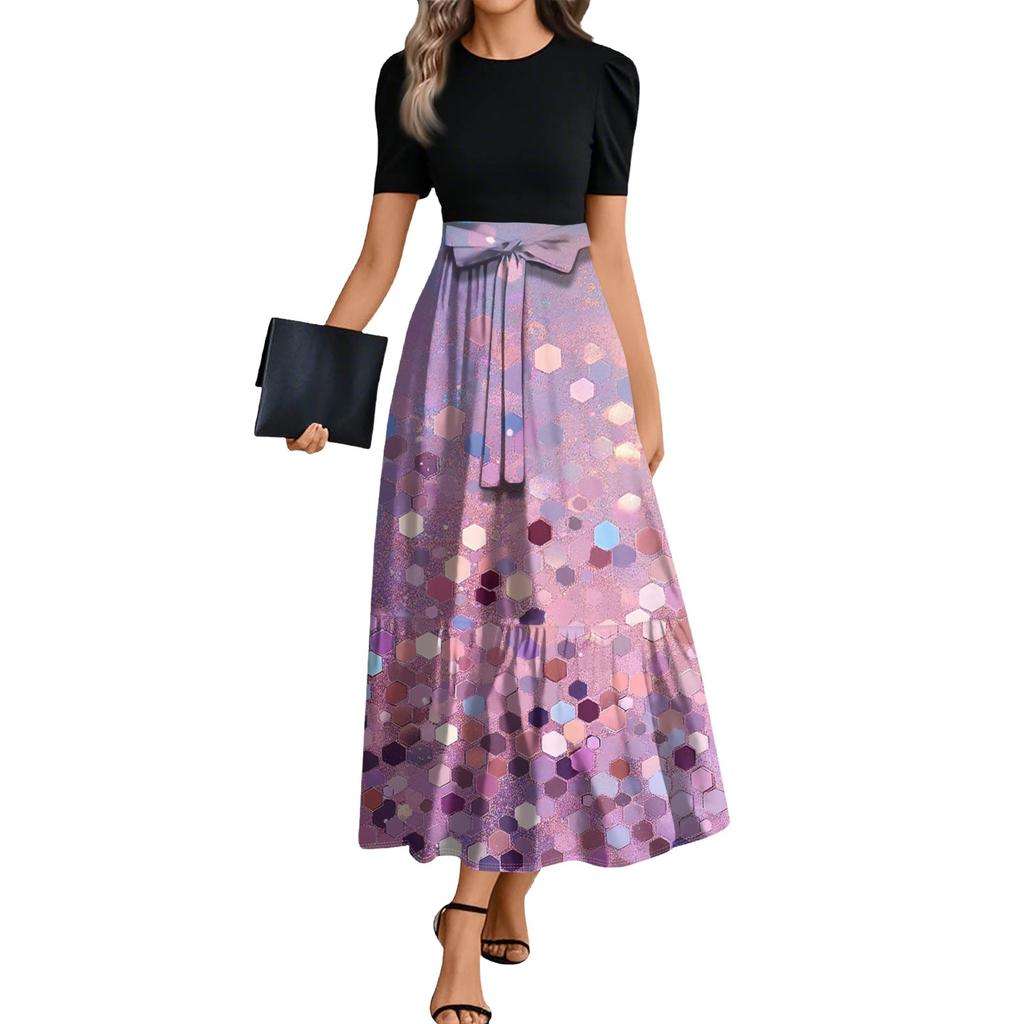 Ladies Fashion Casual Belt Short Sleeve Round Neck Floral Print Splicing Elegant Temperament Dress