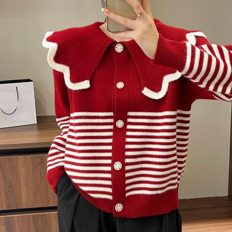 Sweet Doll Neck Striped Knitted Cardigan Five Colors for Warm and Fresh External Cute and Trendy Sweater Cardigan Female Tops
