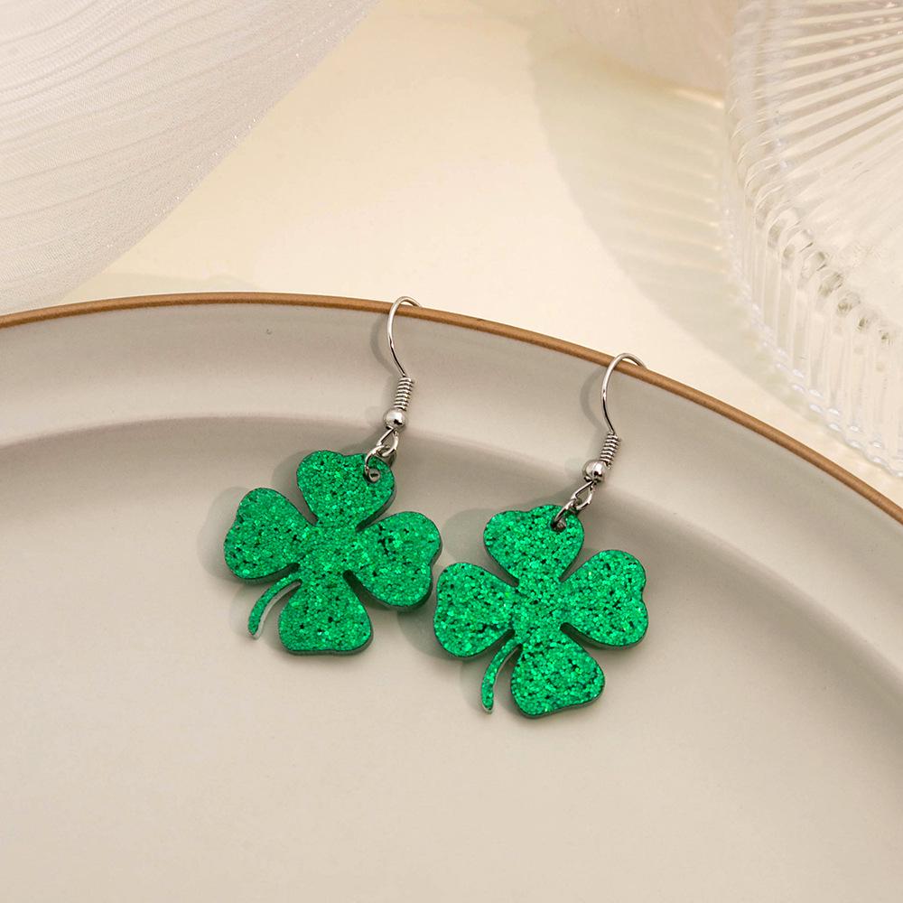 Silver Needle Mori Style Four-Leaf Clover Acrylic Earrings - Fresh, Elegant, Green Shamrock Design