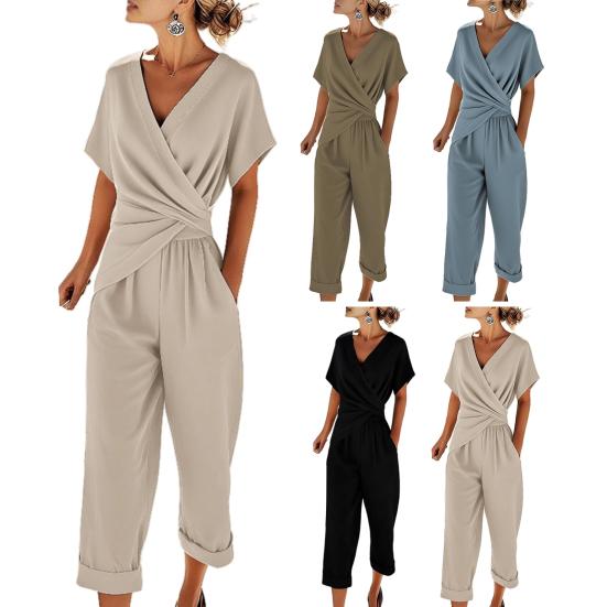 Women's 2 Piece Outfits Asymmetrical Hem V Neck Short Sleeve Ruched Top And Cropped Pants Set Summer Casual Lounge Sets