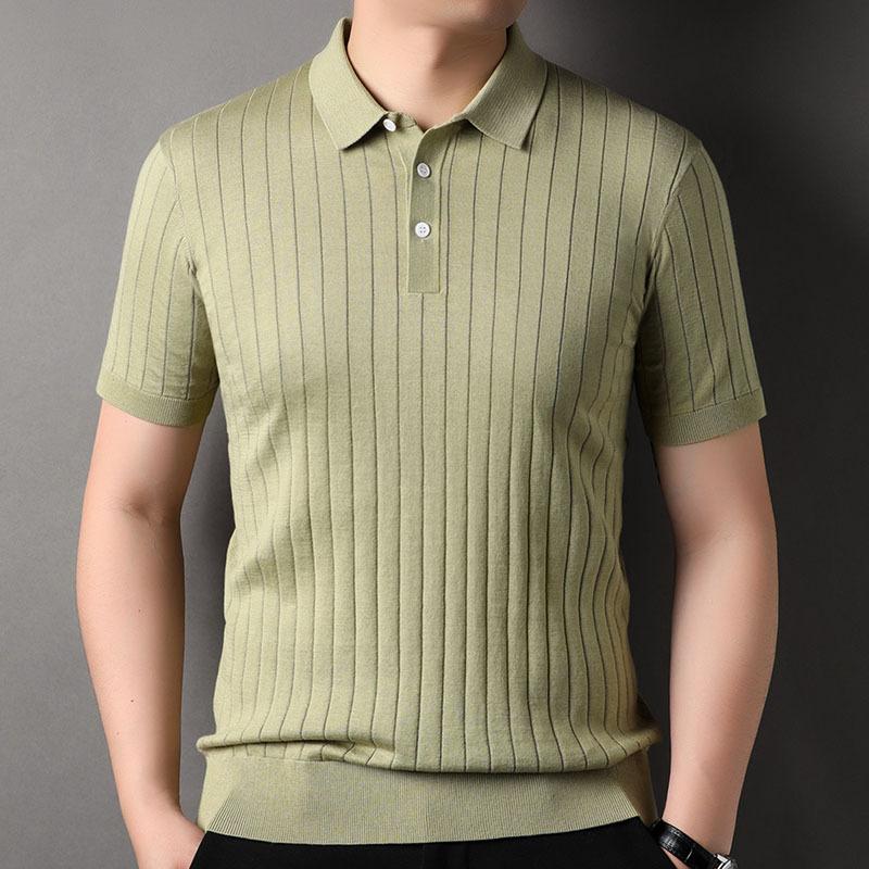 Summer New Men's Knitted Mulberry Silk Short-sleeved T-shirt Fashionable Thin Lapel T-shirt
