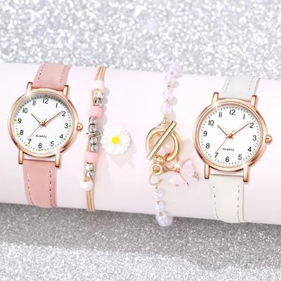 1/2/3/4pcs Fashion Arabic Dial Women Quartz Watch Casual Leather Strap Wristwatch for Girls Friendship Clock Gifts (Without Box)