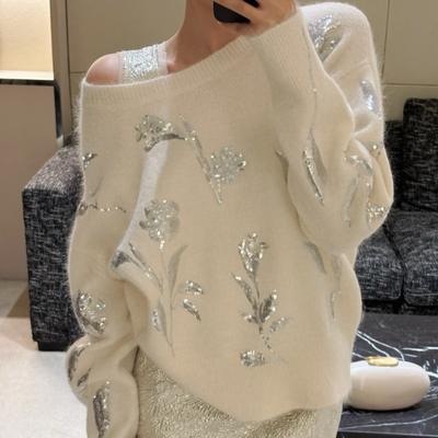 Floral Sequin Embroidery Temperament Pullovers Sweater Women Autumn and Winter Long Sleeve Knitted Sweater Women Elegant Hollow Sexy Jumpers Top
