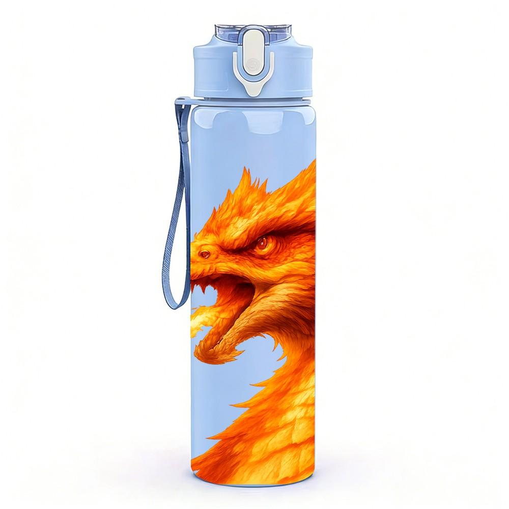 1PC Fiery Orange Fire Dragon Fantasy Print 750ml Color Plastic Sports Water Bottle Leakproof Flip Straw Lid Suitable for Sports Office Home Use