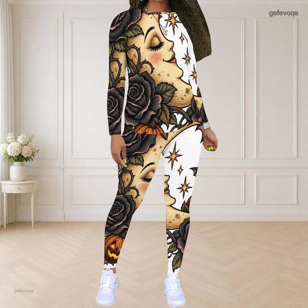 Women Plus Size Round Neck Long Sleeve Printed Top And Fitted Pants Two Piece Set