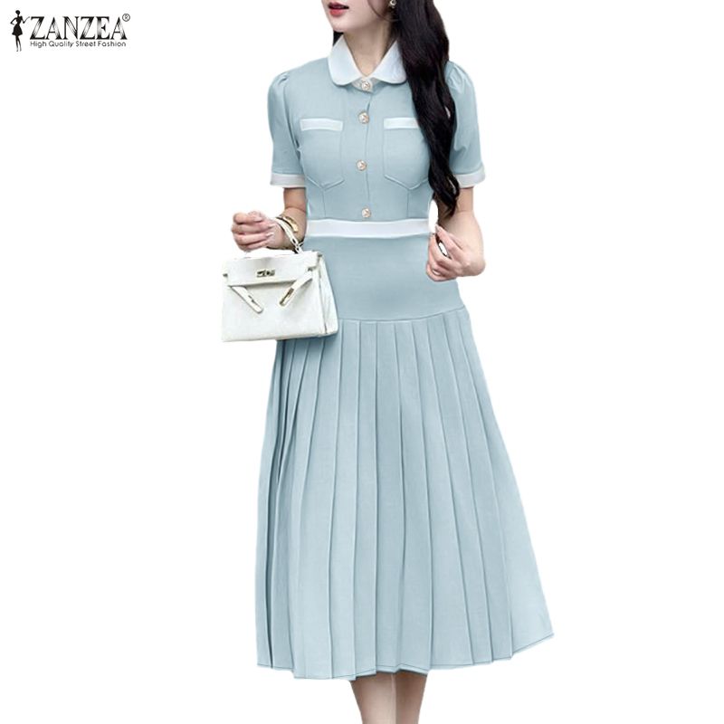 ZANZEA Women Casual Turn Down Collar Summer Short Sleeve Pleated Dress