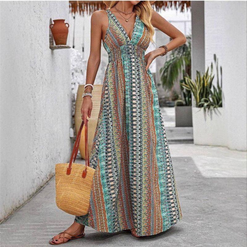 Cross-Border Foreign Trade European and American Women's Clothing 2025 Summer Fashion Sexy Deep V-neck Sleeveless Open Back Beach Vacation Style Dress