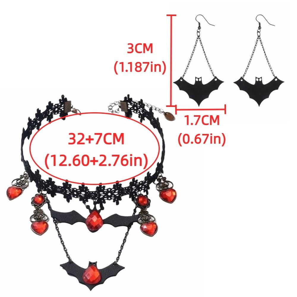 Dark Style Gothic Choker Red Rhinestone Heart Bat Earrings Halloween Necklace Holiday Gift