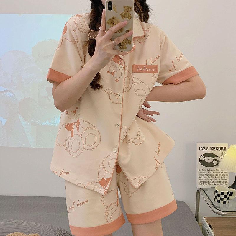 Can Wear Pajamas Women's Summer Cute Cartoon Bear Cotton Short-sleeved Cardigan Loungewear Women's Suit