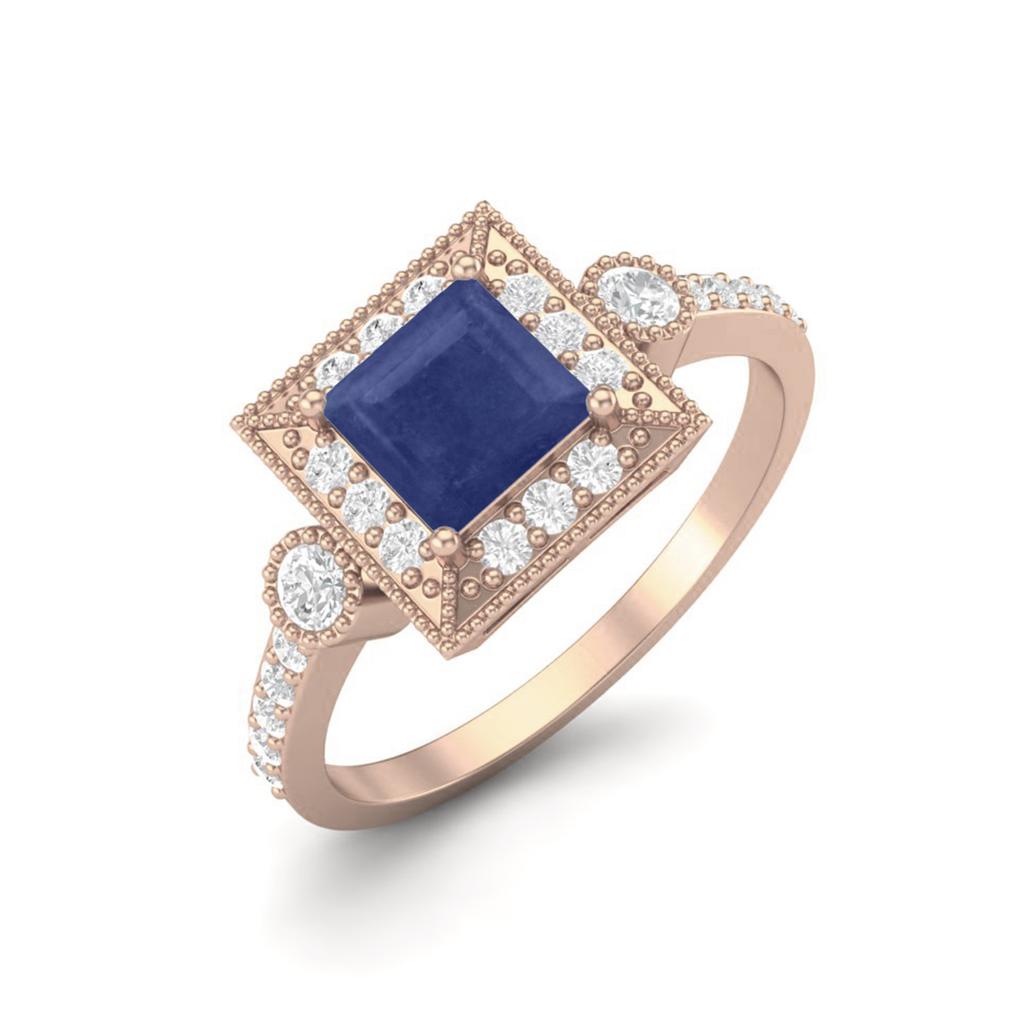 1.27 Cts Blue Sapphire Square Solitaire Accent 925 Sterling Silver Rose Vermeil Women Wedding Rings