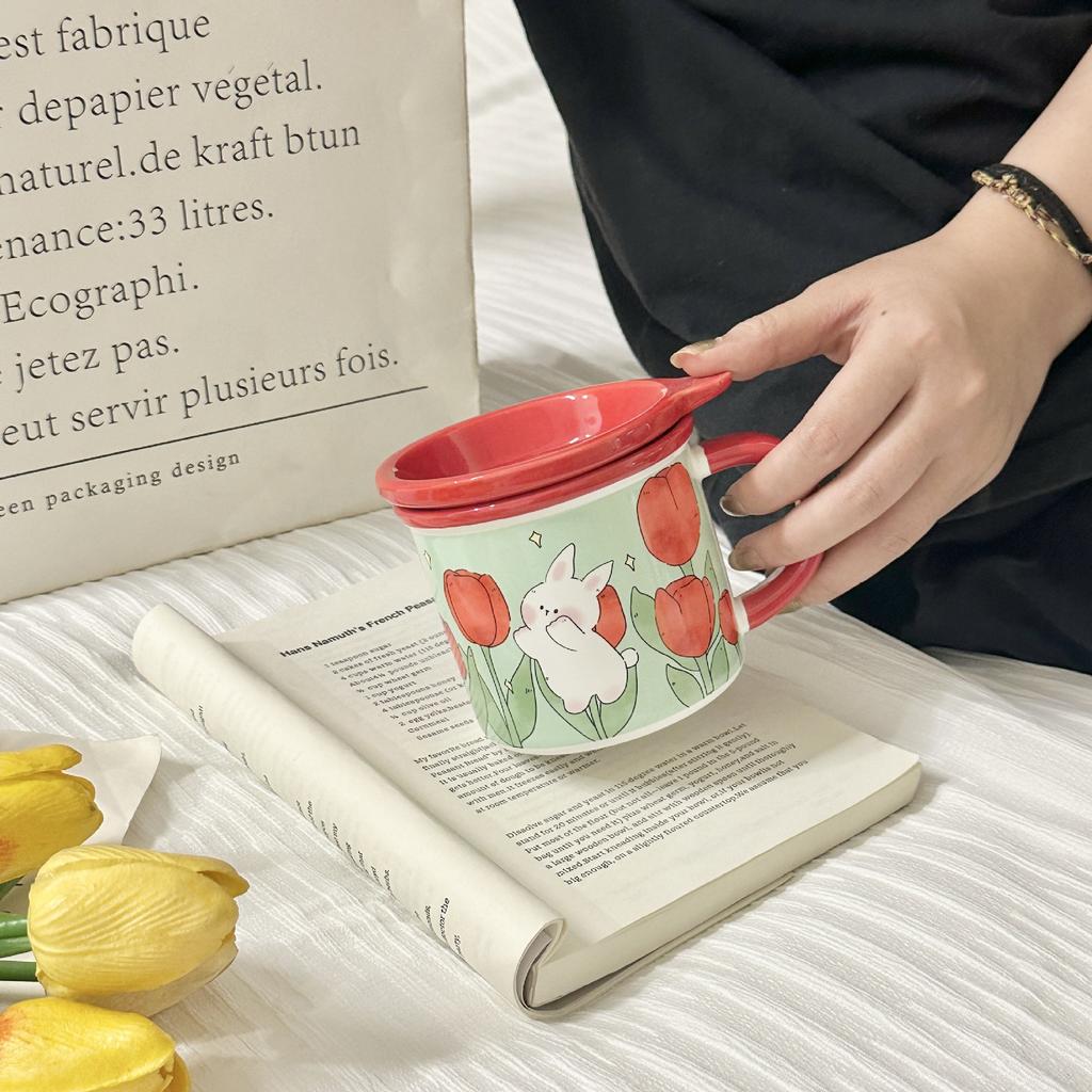 Mug with Lid High Value Ins Fengshui Cup for Girls Cute Home Breakfast Cup Ceramic Cup Souvenir Gift