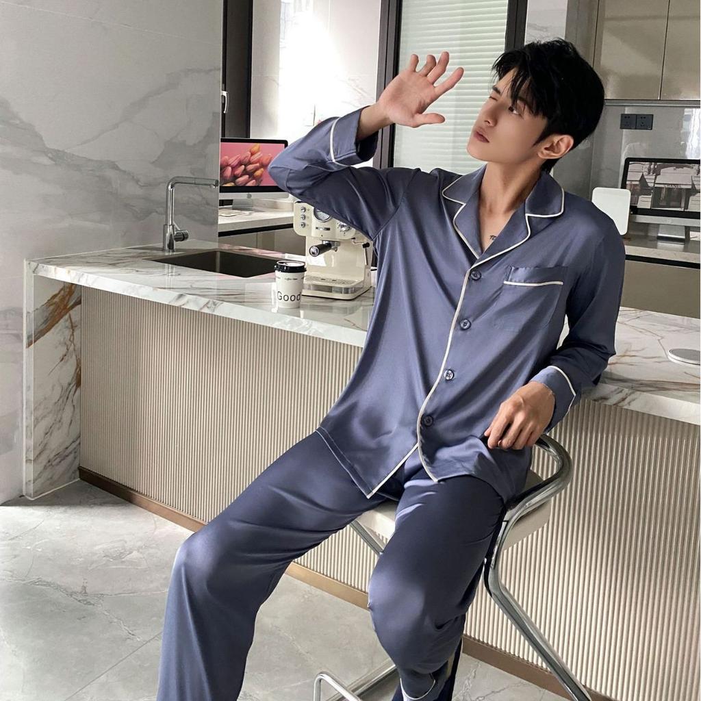 New pajamas boys spring and autumn summer long-sleeved trousers ice silk Korean high-end men's thin loungewear suit