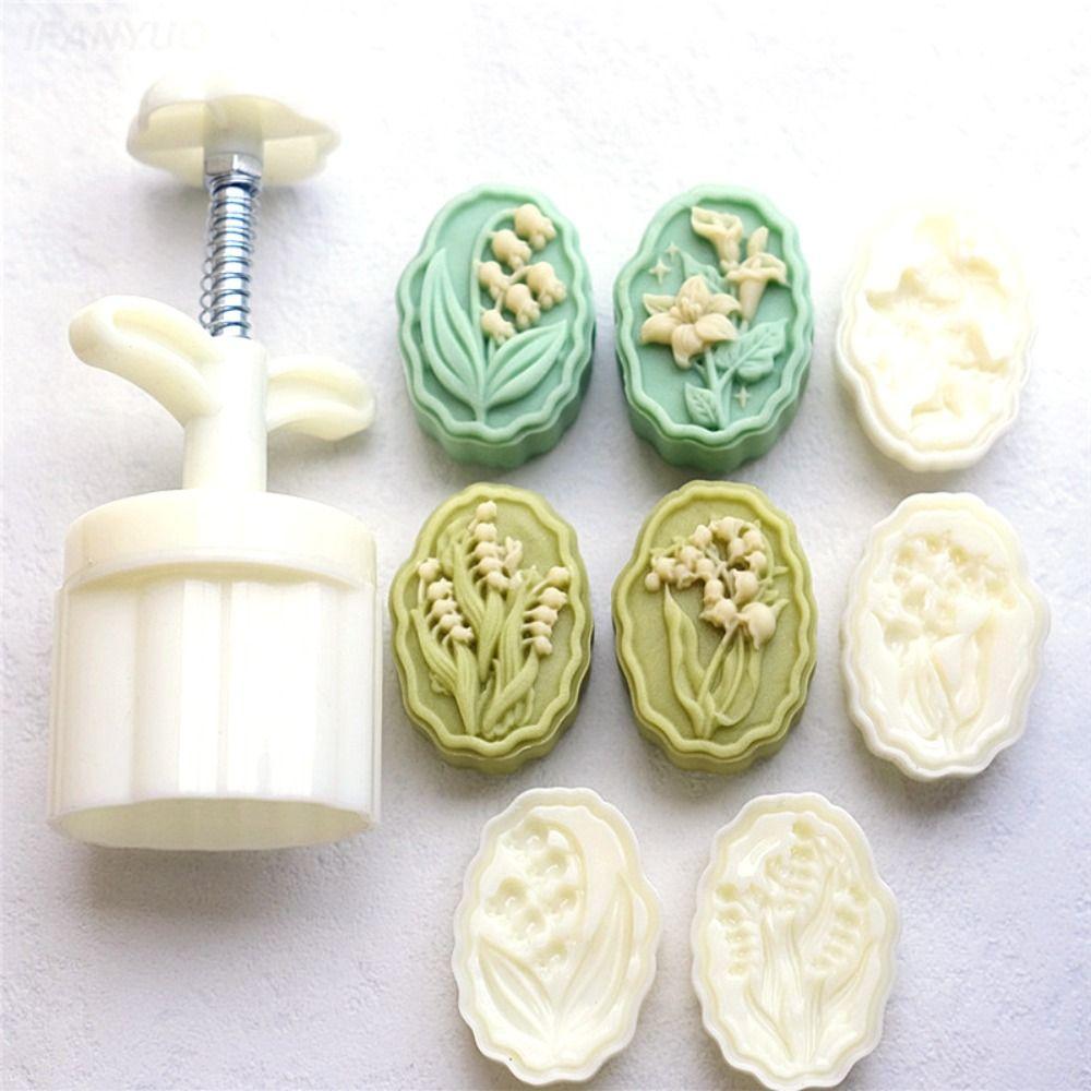 White Moon Cake Mould Plastic Embossed Stamp Mold Lilies of The Valley Mooncake Mold  Kitchen