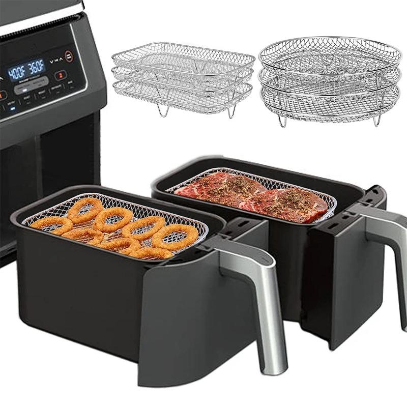 Three stackable air fryer racks made of 304 stainless steel, non stick frying pan and barbecue grill rack, kitchen cooking tools
