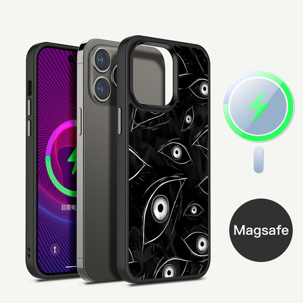 Black Scary Ghost Eye Monstrous Line Art Phone Case Magesafe Magnetic Wireless Charge Case For iPhone 16 14 Pro Max Plus Mini