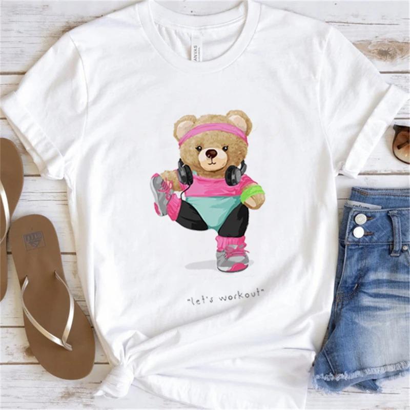 Cute Little Bear Print TShirt Summer Trend White Short Sleeve Neck Casual Sports Aesthetic Clothes Womens Graphic T Shirts
