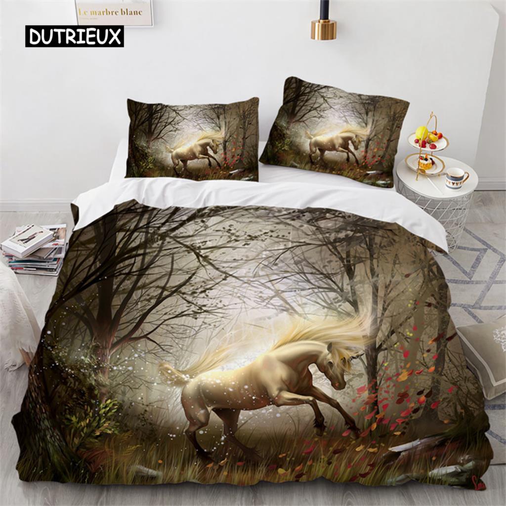 Duvet Cover Cartoon Unicorn Floral Bedding Set Microfiber Flying Horse Comforter Cover Full Queen Children Girls Bedroom Decor