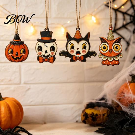 Mummy And Owl Hanging Ornaments Halloween Wooden Decor, Ghost Black Cat Pumpkin Ornament, Rustic Vintage Decorative Pendants Wall Decor Gift Tags for