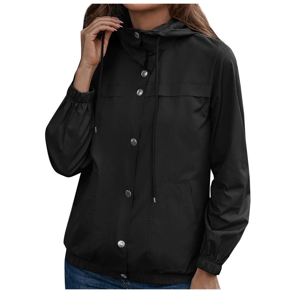 Women's Fashion-Simple Solid Color Outdoor Sports Single-breasted Pocket Windproof And Rainproof Hooded Windbreaker Pocket  Jacket